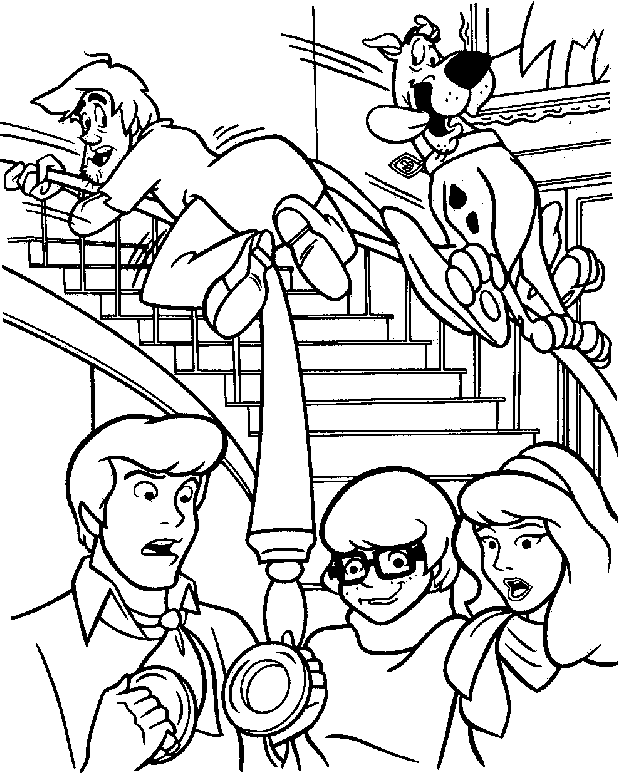 coloriage la bande a scoubidou dans les escaliers